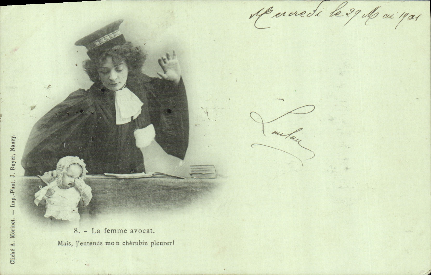 La donna avvocato — scena umoristica con bambino — Cliché A. Morinet, Nancy, n°8
