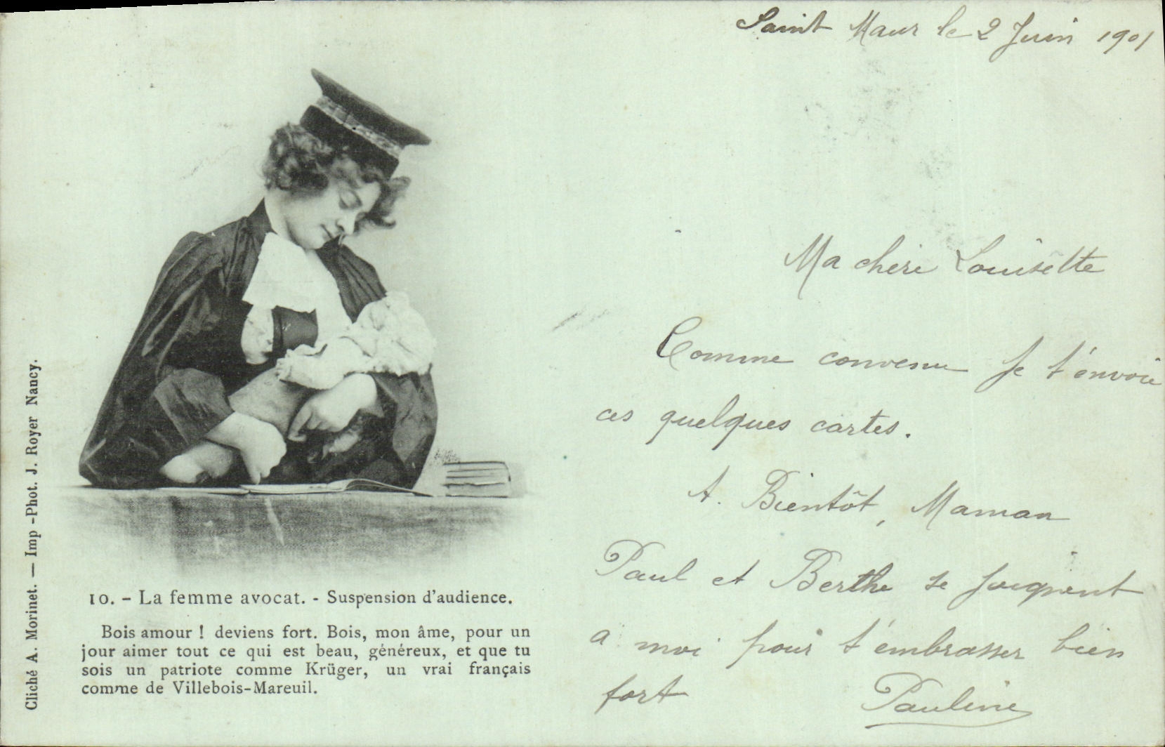 Donna avvocato — Sospensione dell'udienza — Cliché A. Morinet, Imp. Phot. J. Royer, Nancy, n°10