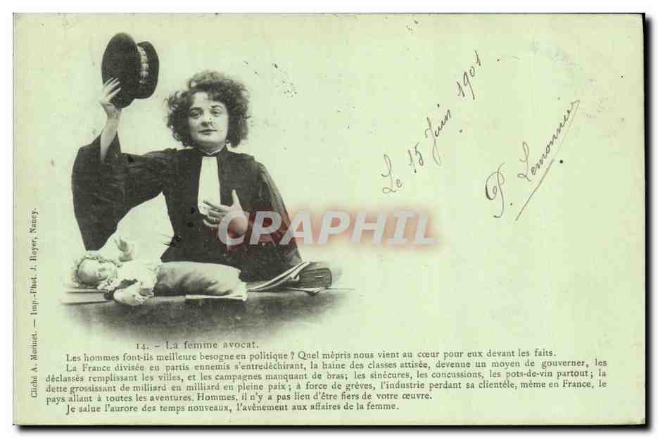 La femme avocat — caricature politique — Cliché A. Bonniet, Imp. Phot. J. Royer, Nancy, n°14