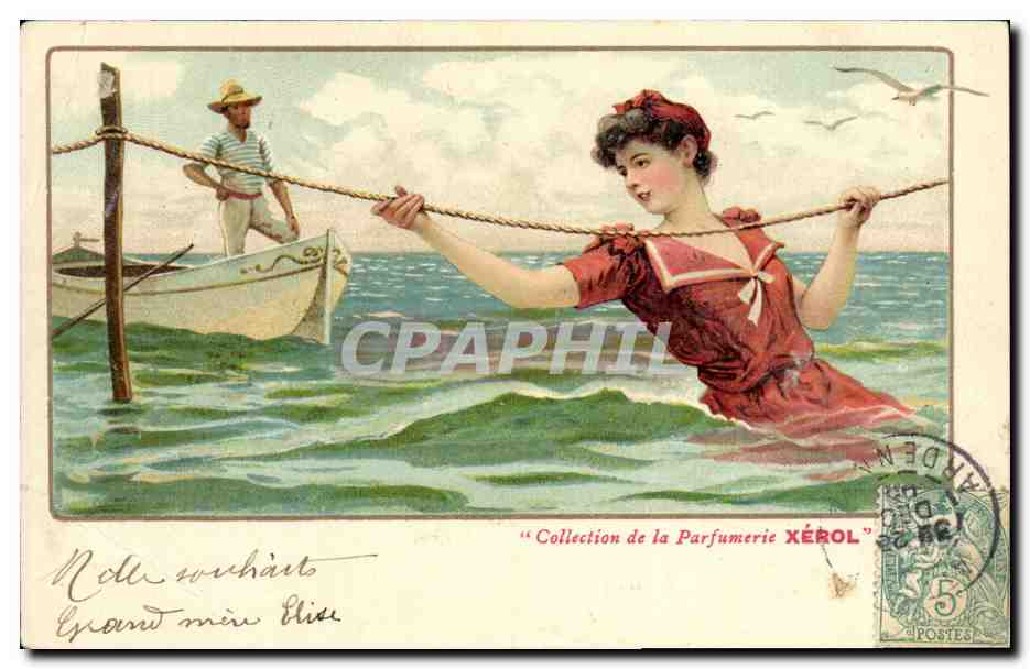 CPA Fantaisie Femme a la mer Parfumerie Xerol