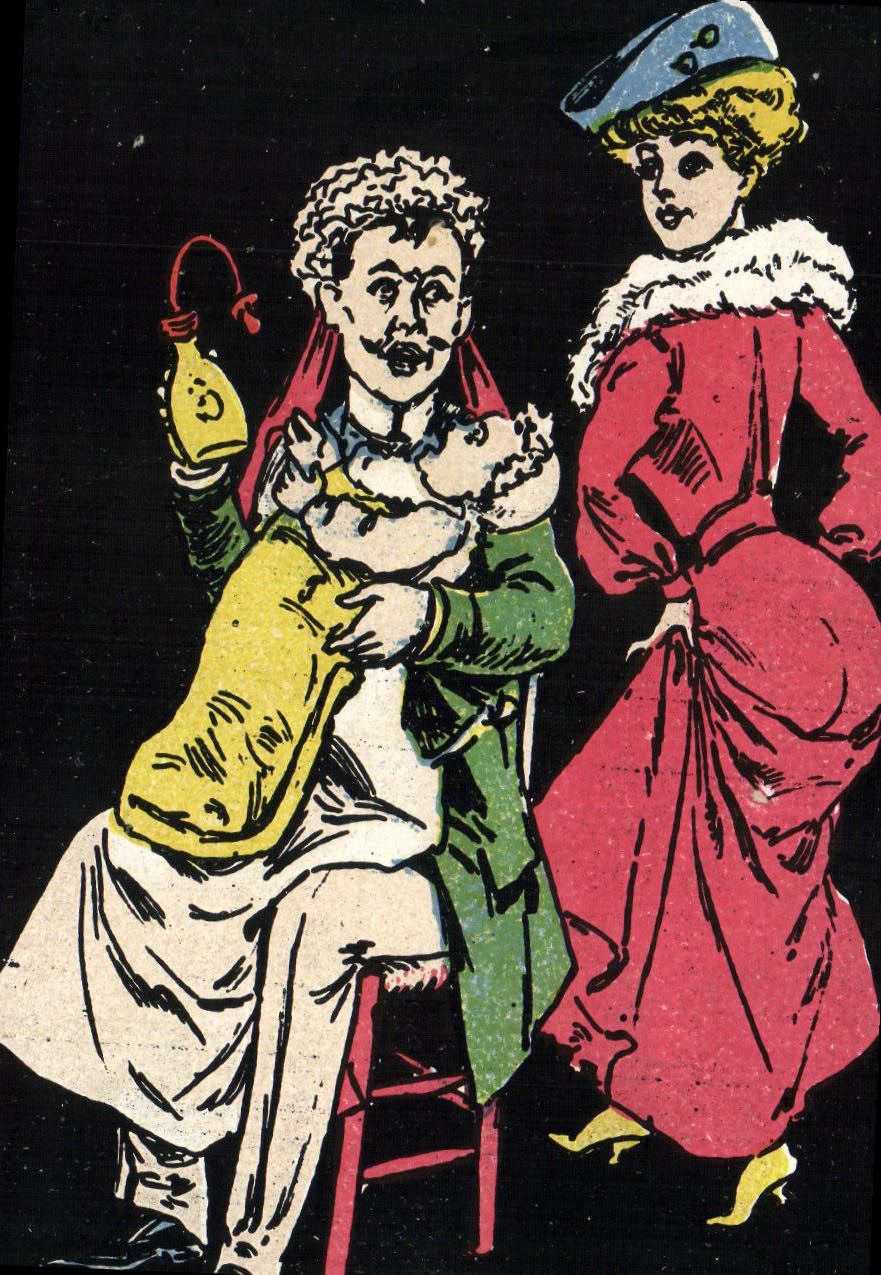 Nacht-Szene — Mann sitzt mit einer Lampe und einem Kind, Frau in rotem Kleid — Verlag nicht sichtbar