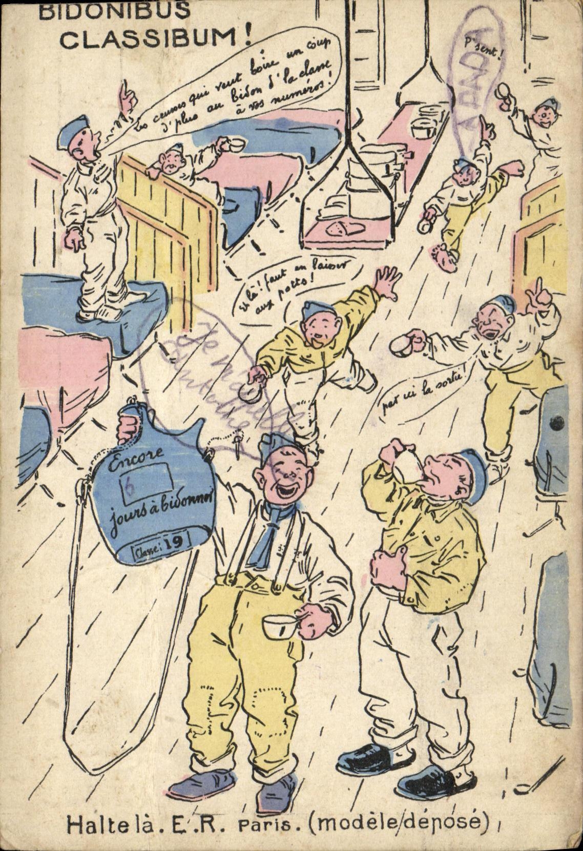 Soldados bebiendo del bidón — caricatura — Halte là E.R. Paris (modelo depositado)