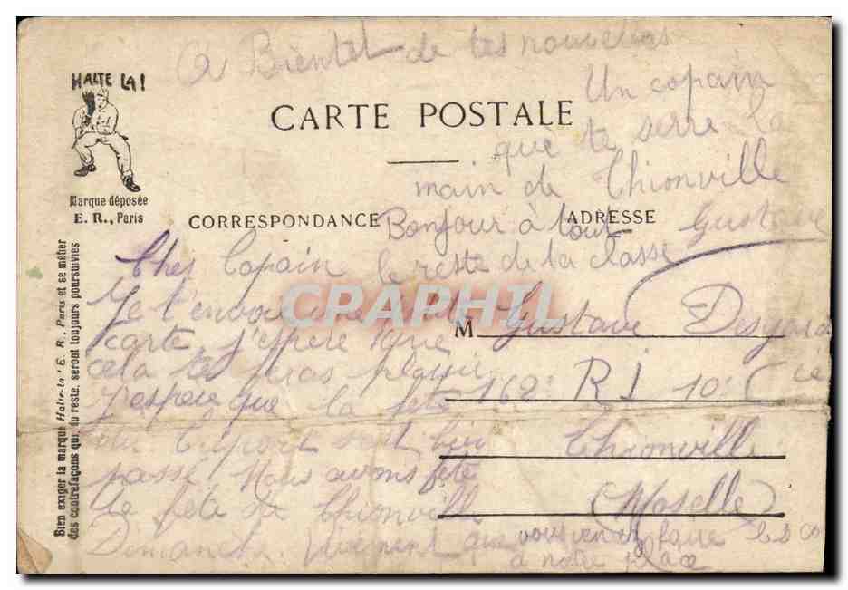 Soldados bebiendo del bidón — caricatura — Halte là E.R. Paris (modelo depositado) — Reverso