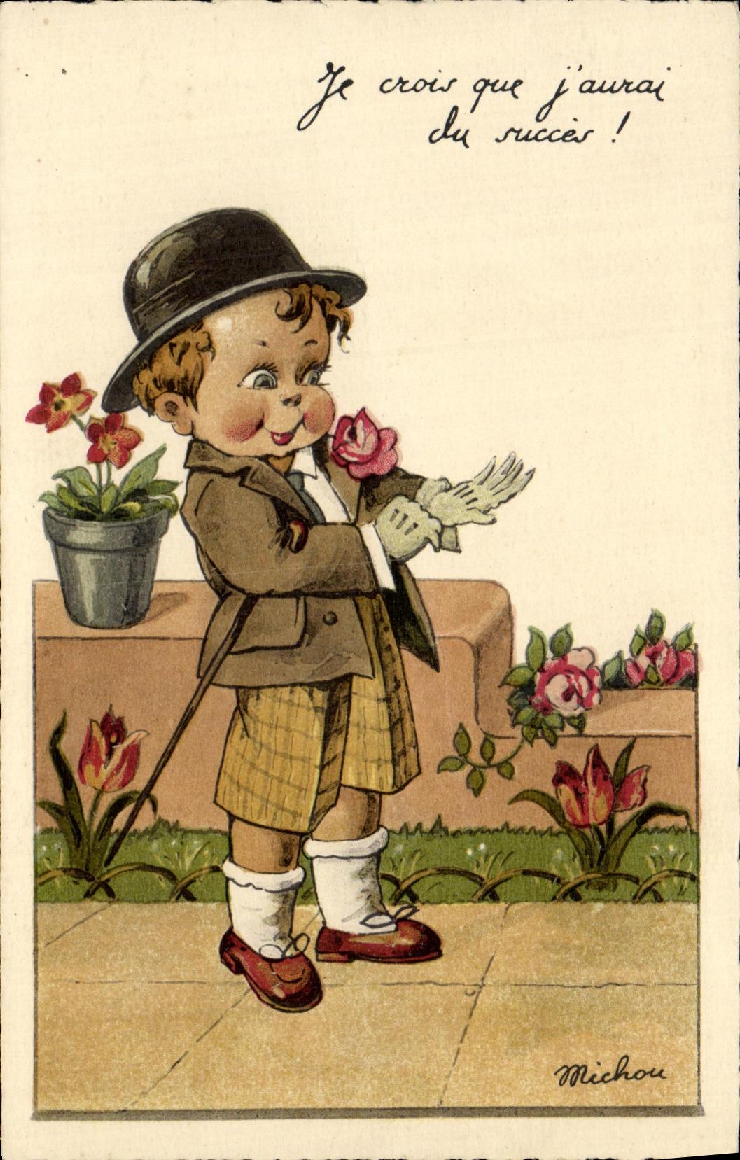 Enfant en costume — avec rose et tulipes — Michou