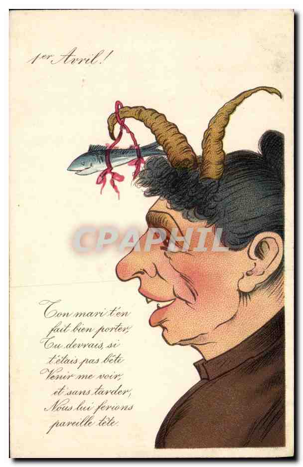CPA Fantaisie 1er Avril Poisson Cornes de chevre FEmme 
