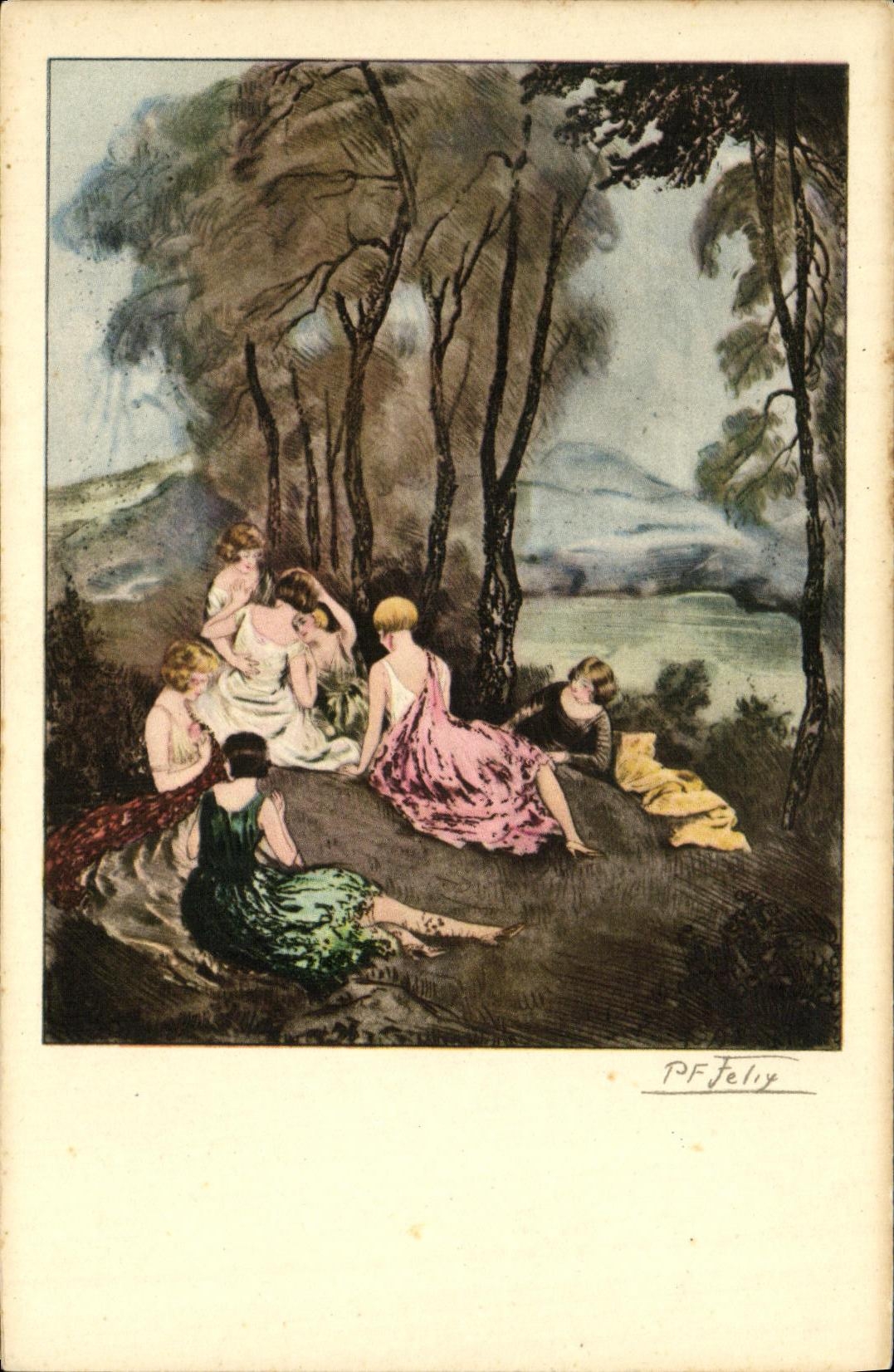 Femmes en tenues de bain dans un paysage forestier — Éditeur E. K. & C', Série 1990