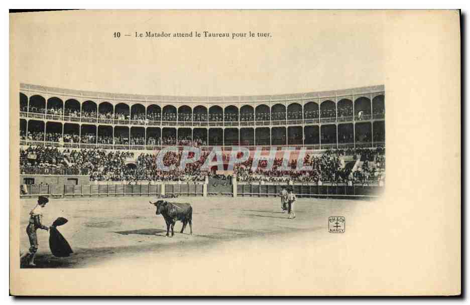 Taureau dans une arène — scène de corrida — éditeur Réhac Nancy, n°40