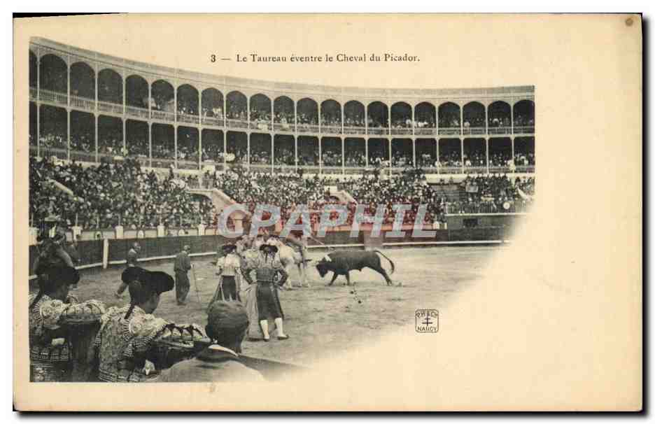 Taureau éventre le Cheval du Picador — scène de corrida — éditeur Naucy, n°3