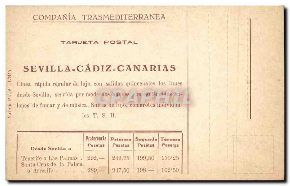 Vapor Plus Ultra — Compagnie Trasmediterránea — Séville-Cádiz-Canaries — Reverso