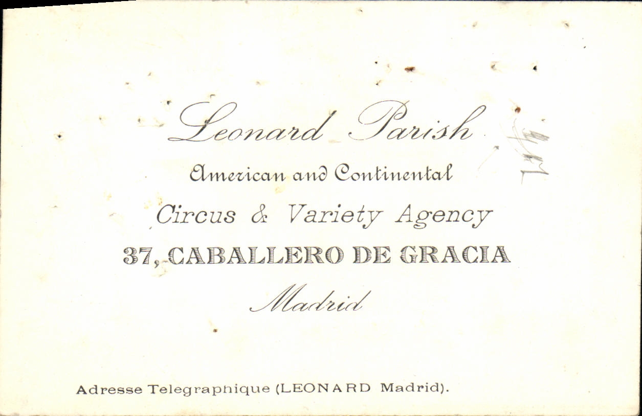 CArte de visite Leonard parish Circus Variety Agency Cavaleeri de Gracia Madrid