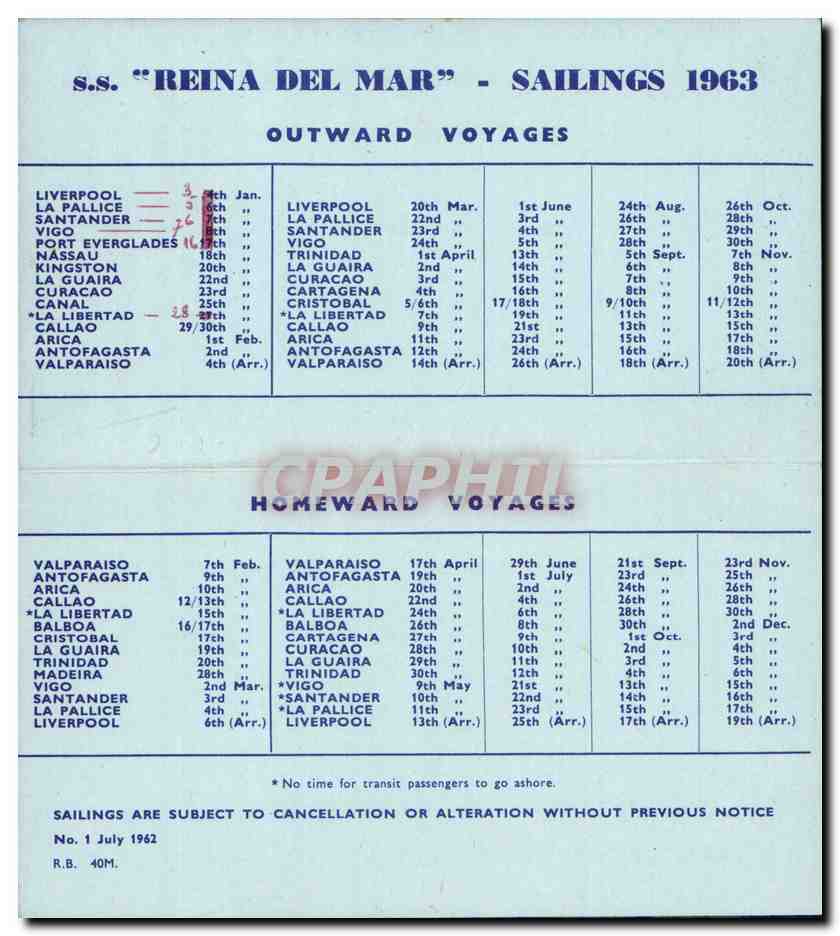 Planning des voyages SS Reina del Mar Paquebot Annee 1963 — Rückseite