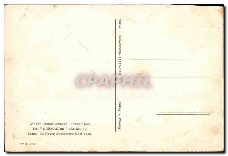 CPM Cie Generale Transatlantique SS Normandie Ligne Le Havre Angleterre New York — Verso