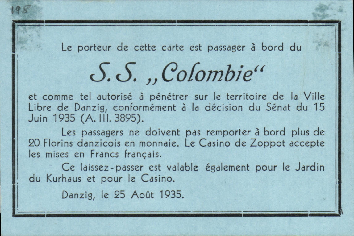Carte de passager SS Colombie Paquebot Danzig Bateau