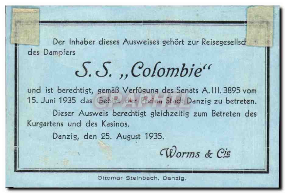 Carte de passager SS Colombie Paquebot Danzig Bateau — Rückseite