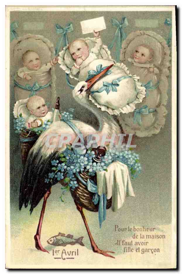 CPA Fantaisie Enfants Cigognes 1er avril