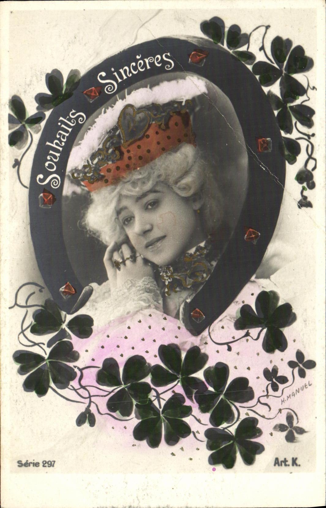 CPA Fantaisie FEmme Fer a cheval Trefles