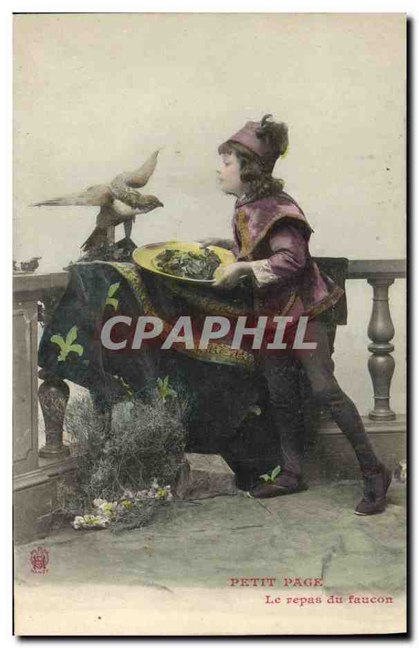 CPA Fantaisie Enfant Petit Page Le repas du faucon Rapace