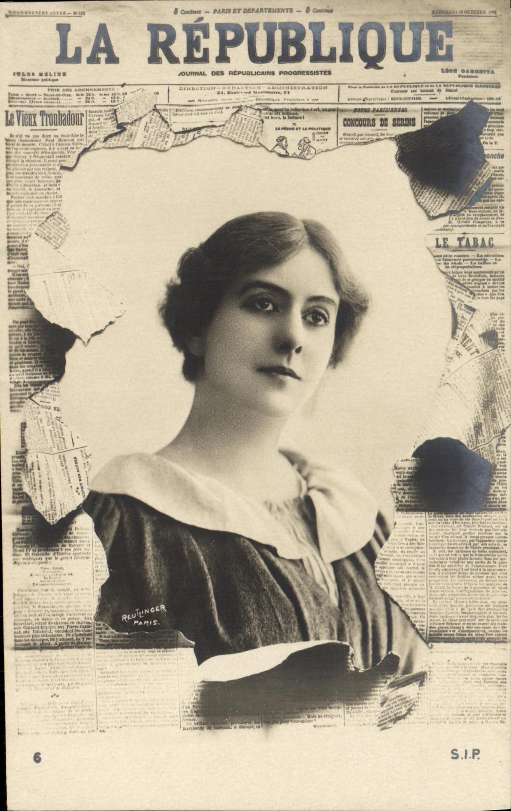 Ritratto di donna — fotografia su fondo di giornale — Reulinger, Parigi