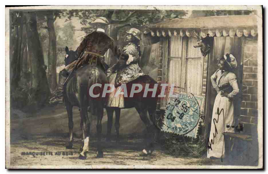 Marquissette nel Bosco — scena di campagna con cavalieri e donna all'ingresso di una capanna — editore non visibile