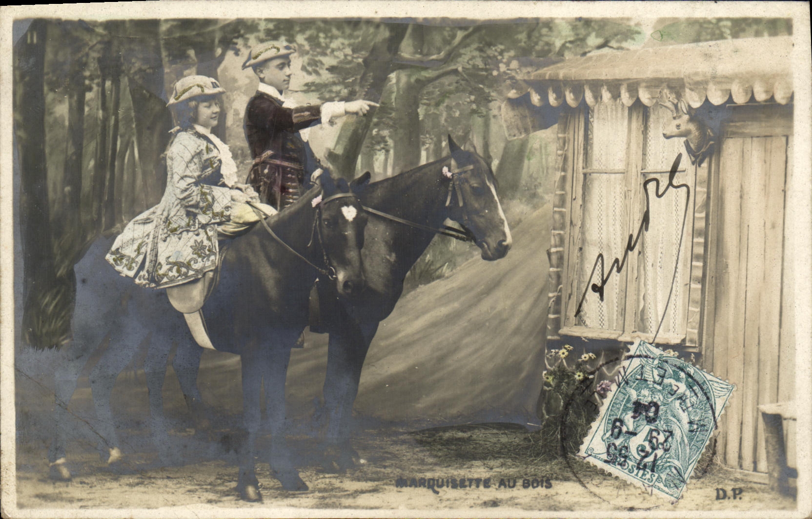 Marquiselette au Bois — scène de promenade équestre — D.P. (D. P.)