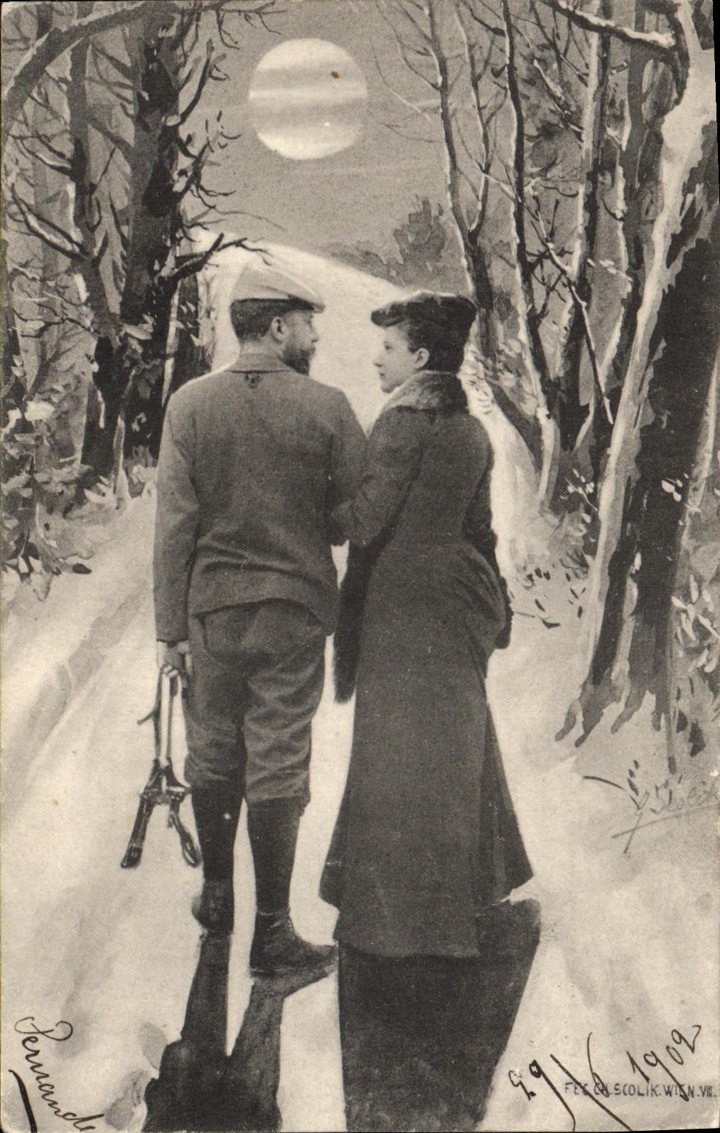 Un couple sous la lune — scène hivernale — F. Ecolik, Vilnius, 1909