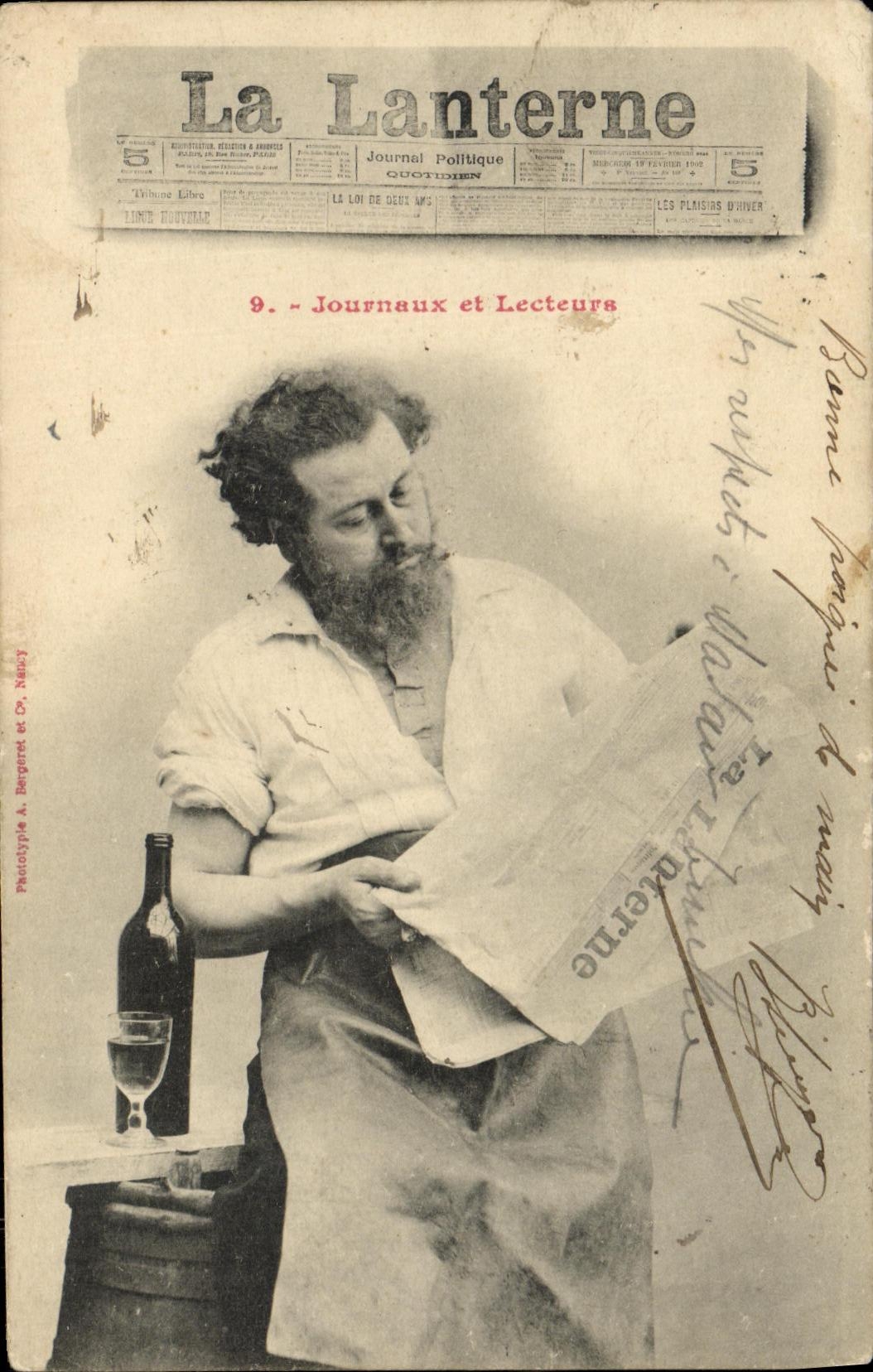 Homme lisant La Lanterne — série 9, Journaux et Lecteurs — Phototypie A. Bergort et Cie, Nancy
