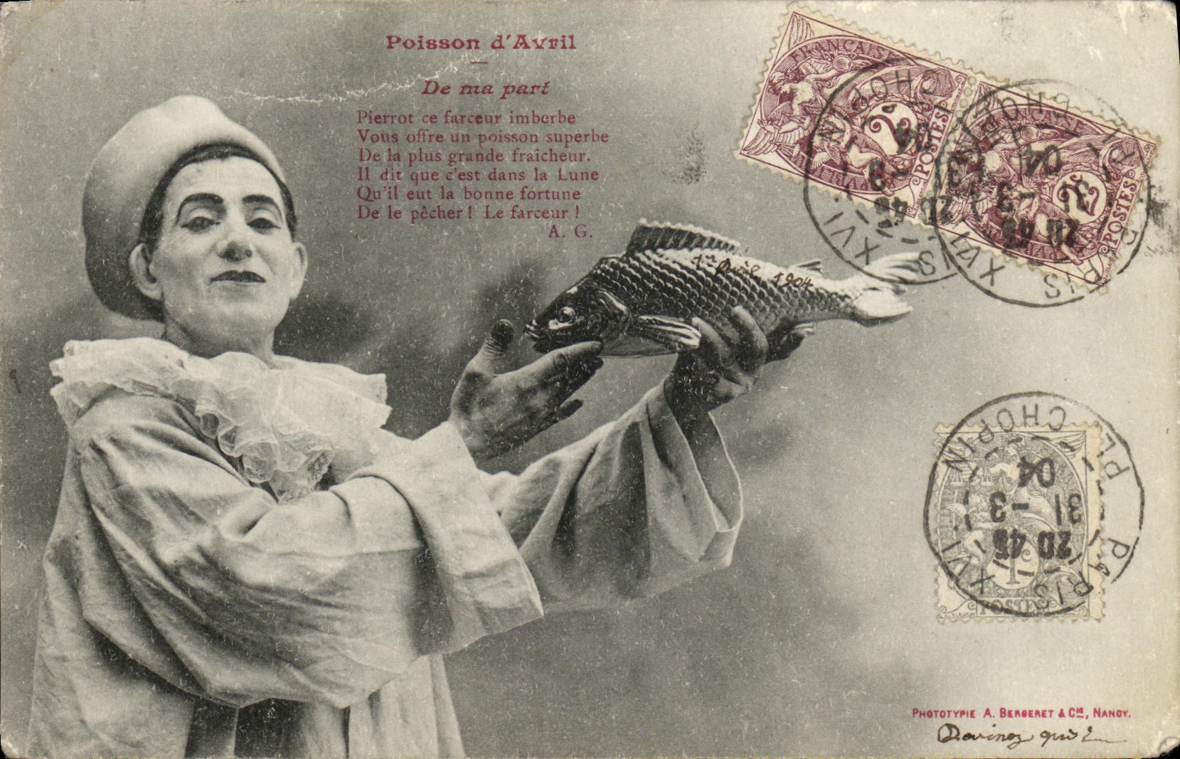 Tarjeta postal antigua Fantasía Pescado de Abril Payaso Arlequín