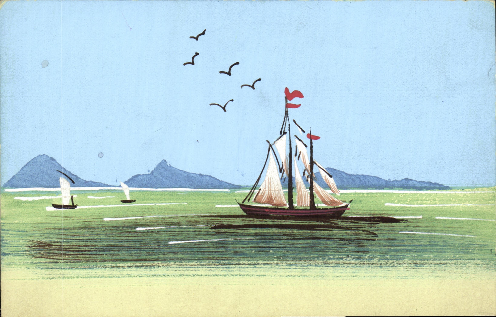 CPA Fantaisie Bateau peint a la main 