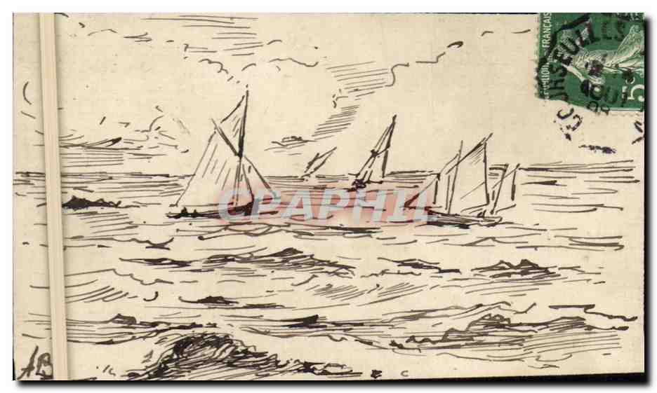 Voiliers en mer — dessin à la main — éditeur inconnu, n° de série non visible