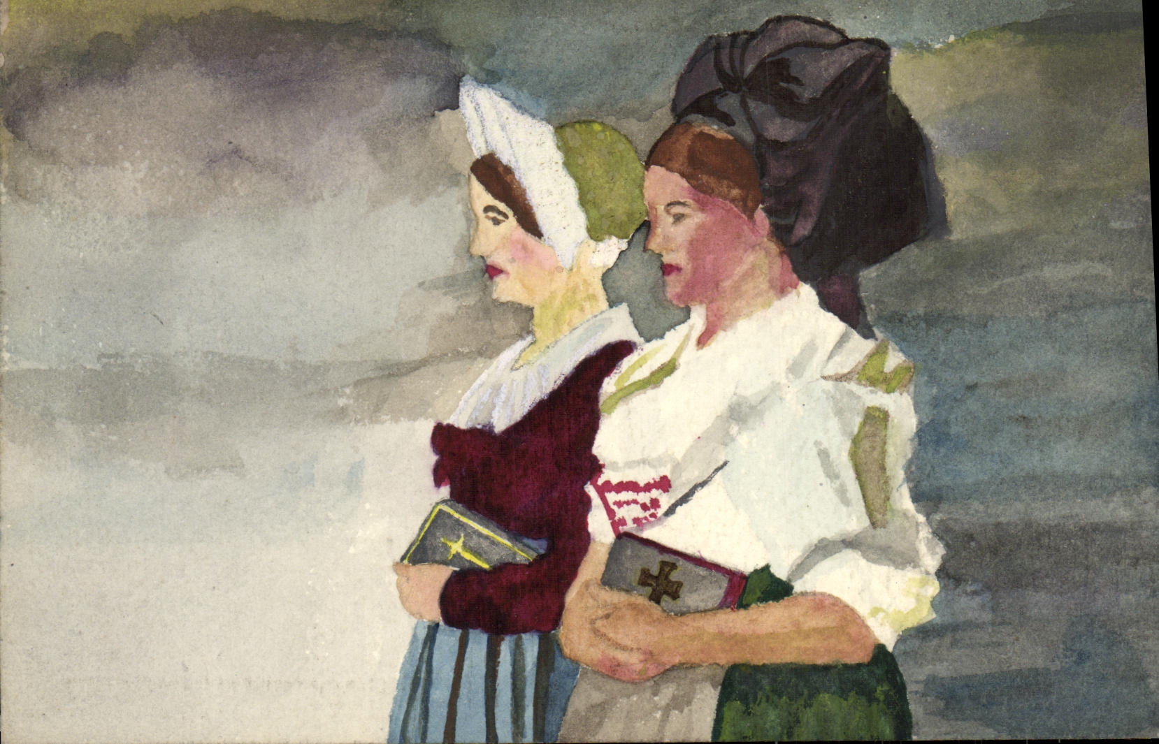 Twee vrouwen in traditionele kleding — illustratie in waterverf — Wereldwijde Postunie, N° 18