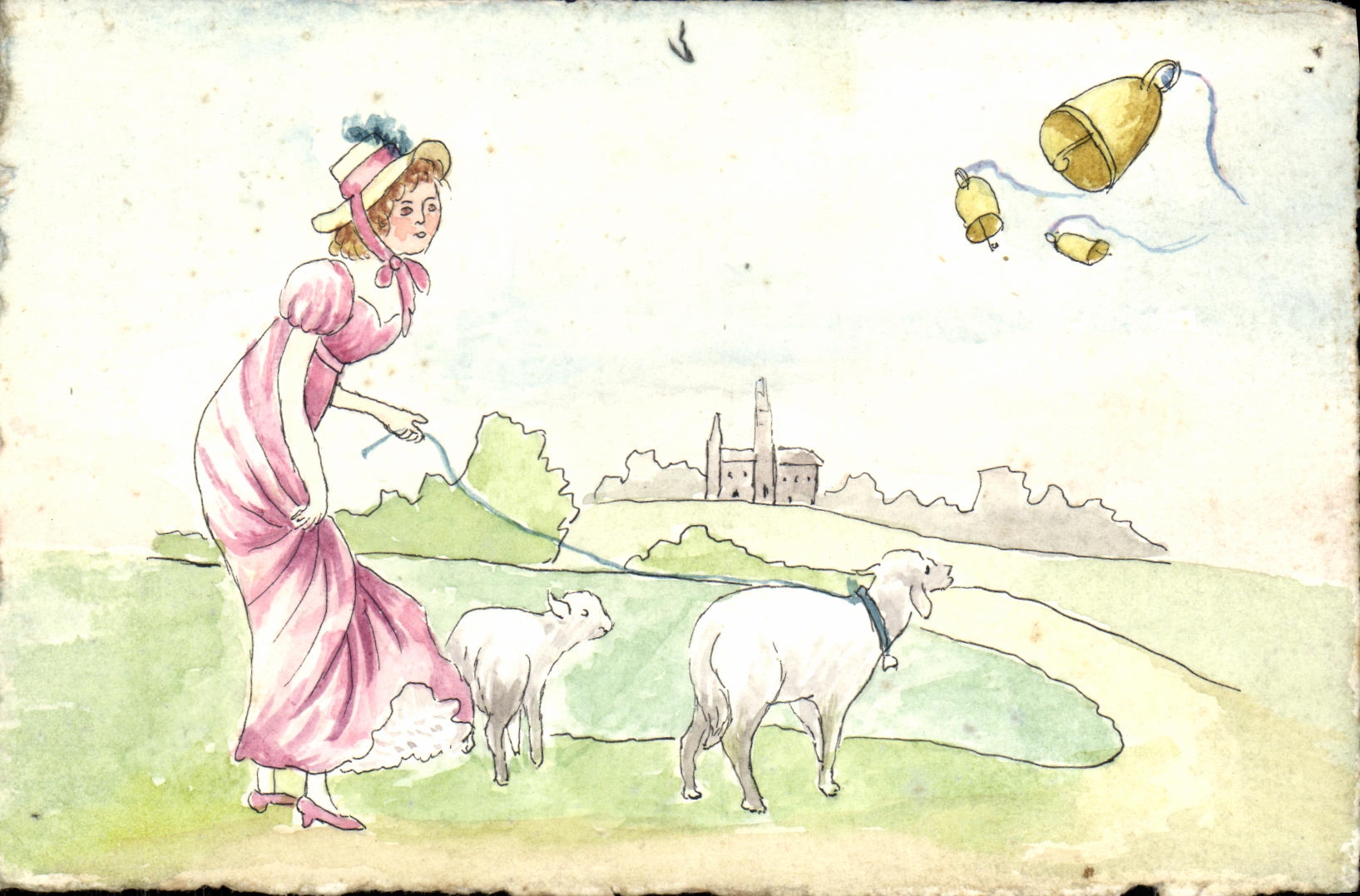 Femme en robe rose conduisant des moutons — avec cloches volantes — éditeur J. NICOLAS AINÉ, LYON, Mod. F.