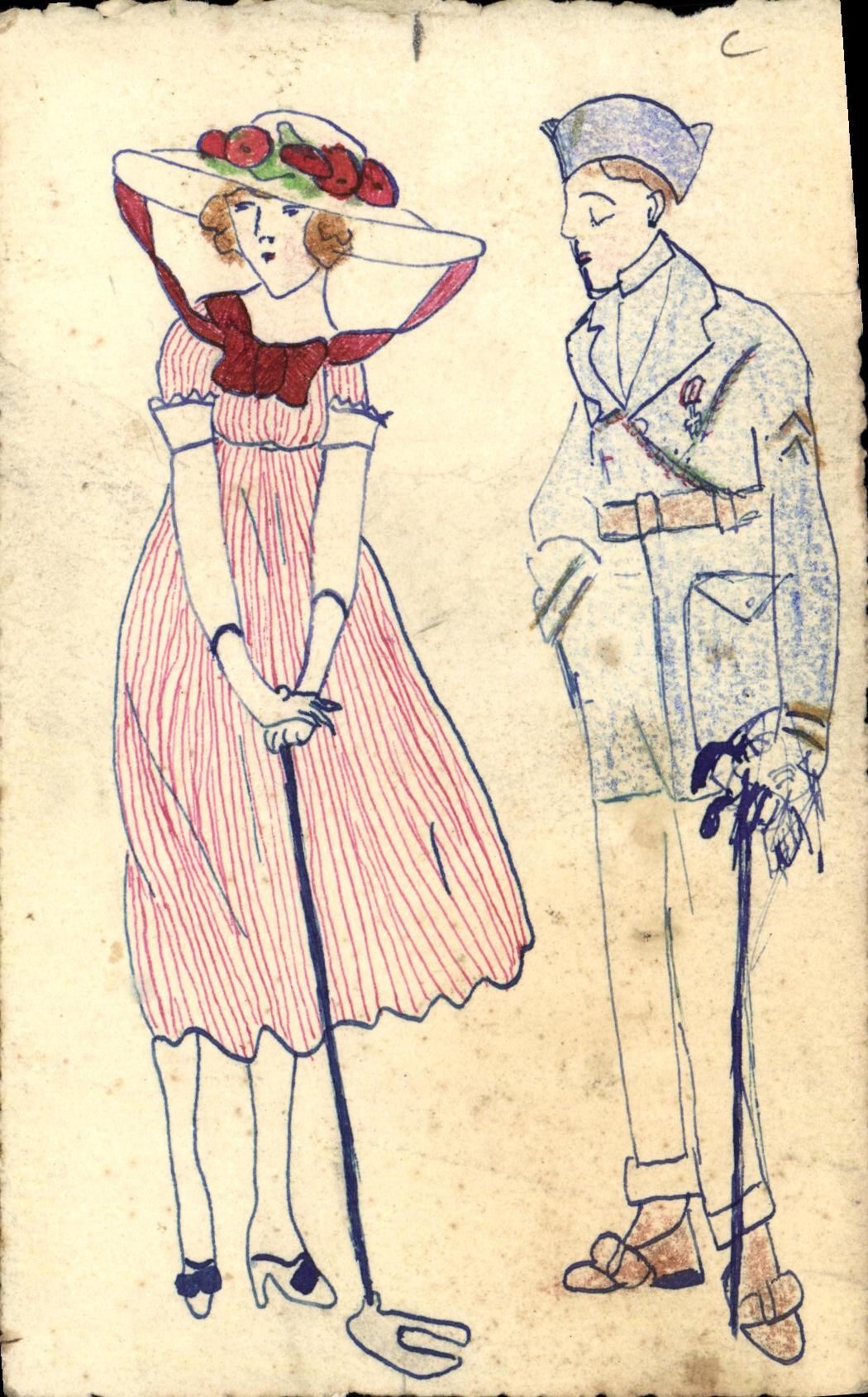 Mujer en vestido rosa y soldado — ilustración — sin editor ni número visible