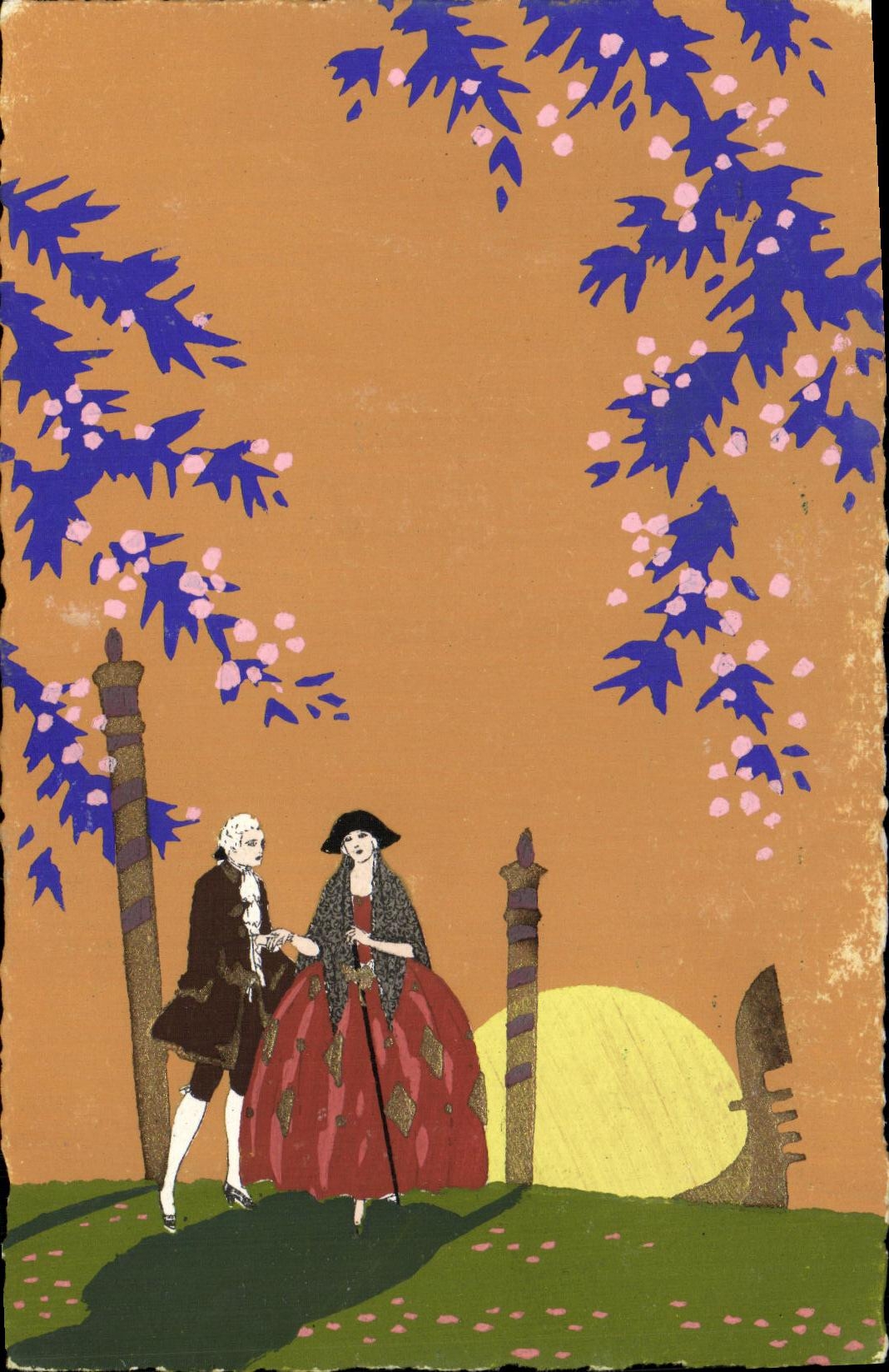 Due personaggi in costume d'epoca — scena di giardino — ARS NOVA, stampata in Italia