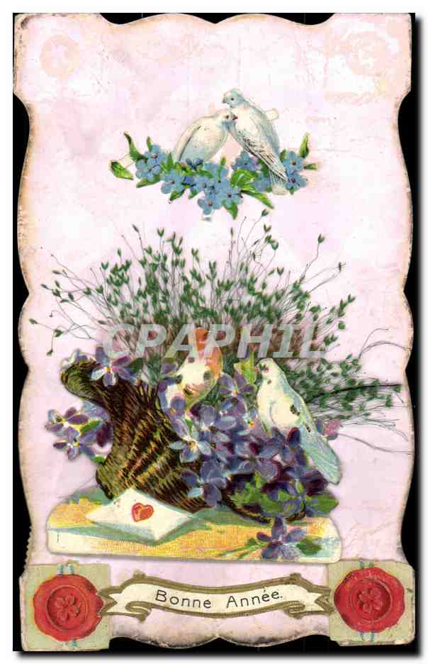 Deux colombes et bouquet — Bonne Année — Carte postale ancienne
