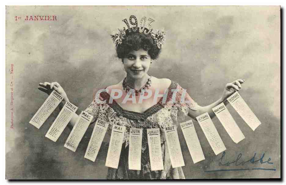Femme en couronne de 1913 tenant les douze mois — Phototype A. Bergeret et Cie, Nancy