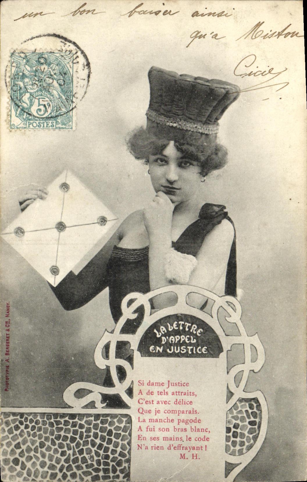 Donna con cappello a cilindro — La Lettera d'Appello in Giustizia — Fototipo A. Bergeret & Cie, Nantes