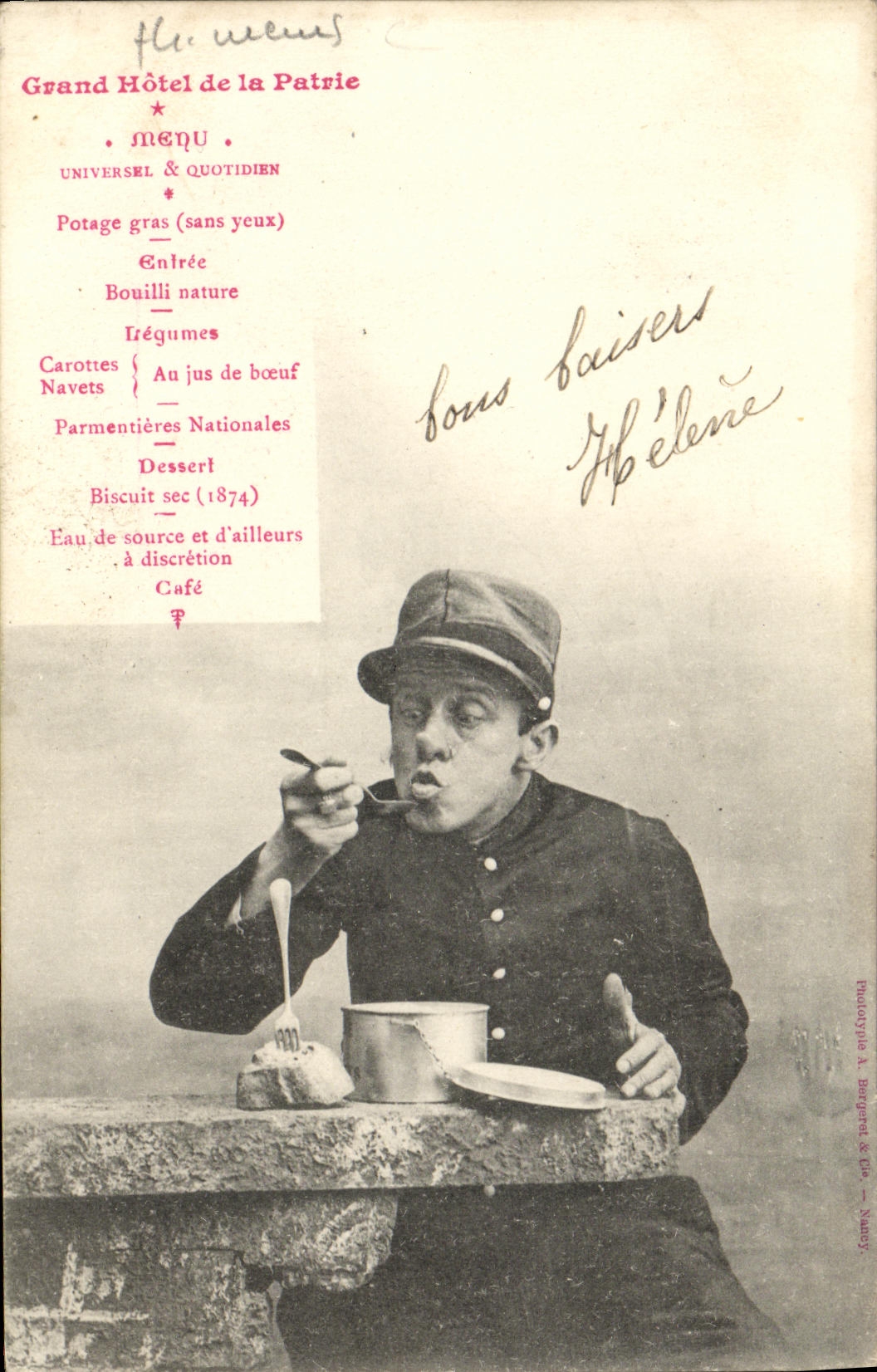 Soldado en el Grand Hôtel de la Patrie — menú y firma — Fototipia A. Bergéral & Cie, Nancy