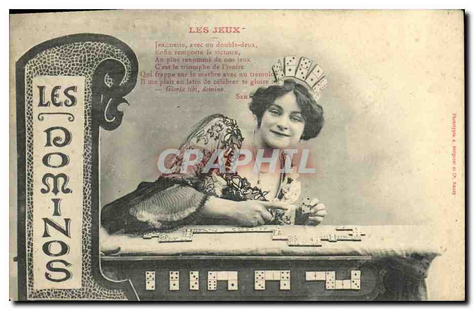 Jeune femme jouant aux dominos — Les jeux — Phototypie A. Bongrain & Cie, Paris