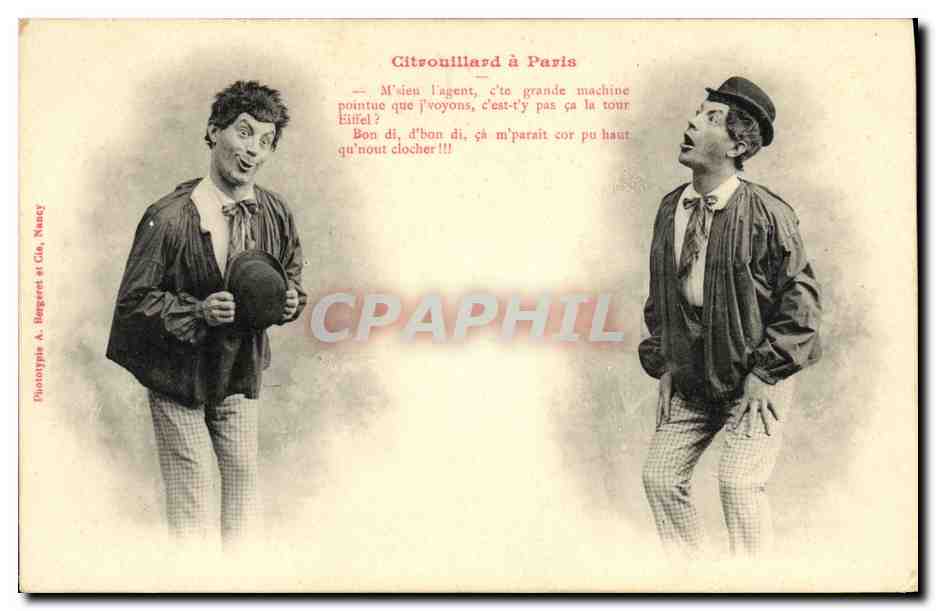 Citrouillard à Paris — Deux hommes comiques devant la Tour Eiffel — Phototypie A. Bergeret et Cie, Nancy