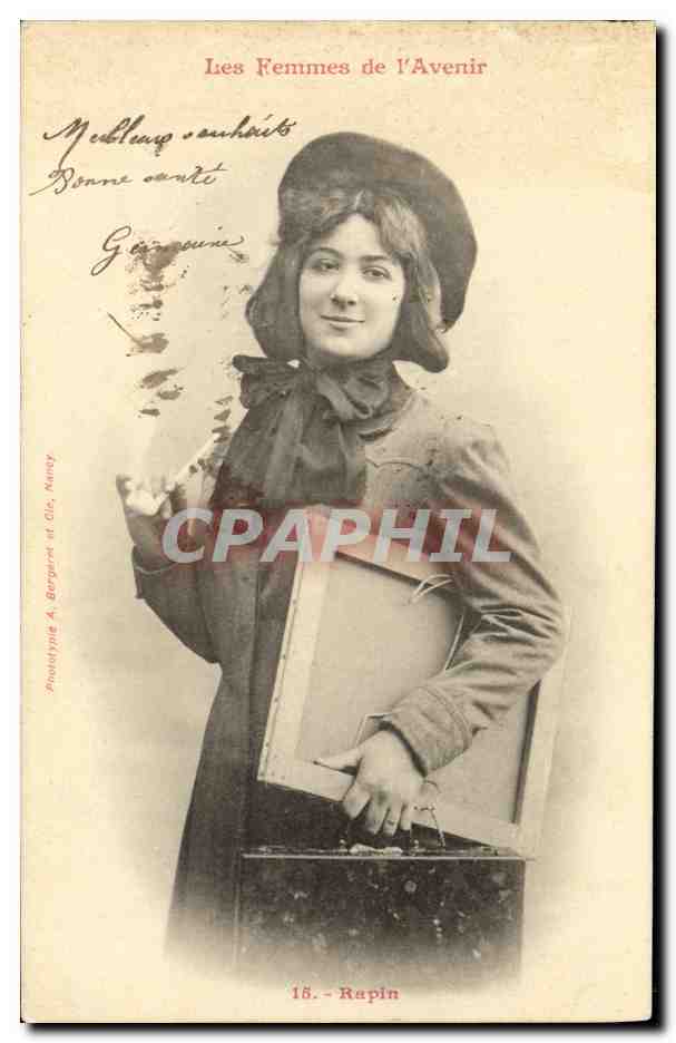 Donna del Futuro — Soggetto: donna giovane con mantello e cappello — editore A. Bergaret et Cie, Nancy, n° 18 - Rapin