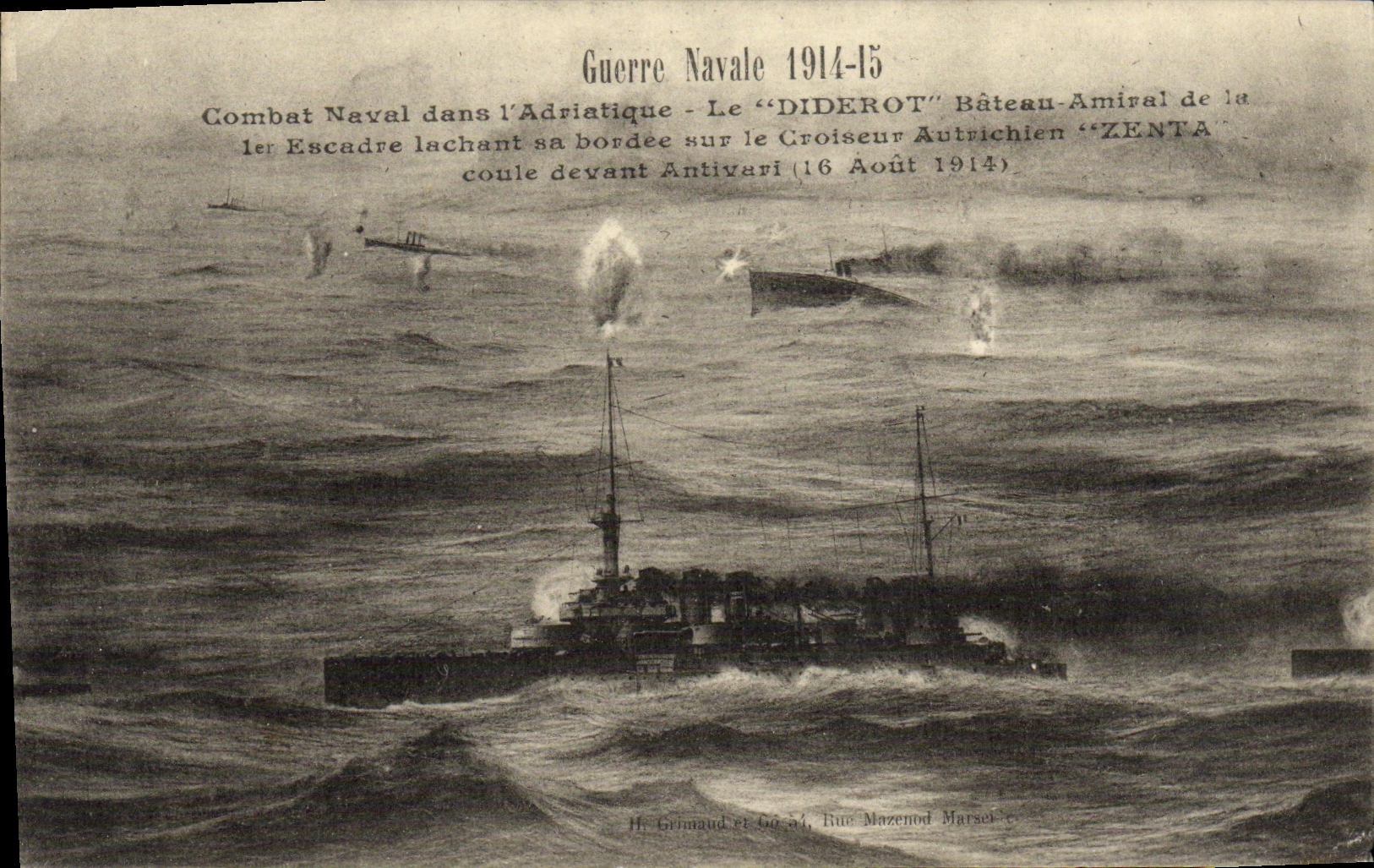 CPa Guerre navale Combat naval dans l Adriatique Le Diderot Bateau amiral de la 1ere escadre Croiseur autrichien Zenta 
