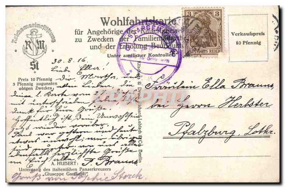 CPA Bateau Hubert Giuseppe Garibaldi  — Verso