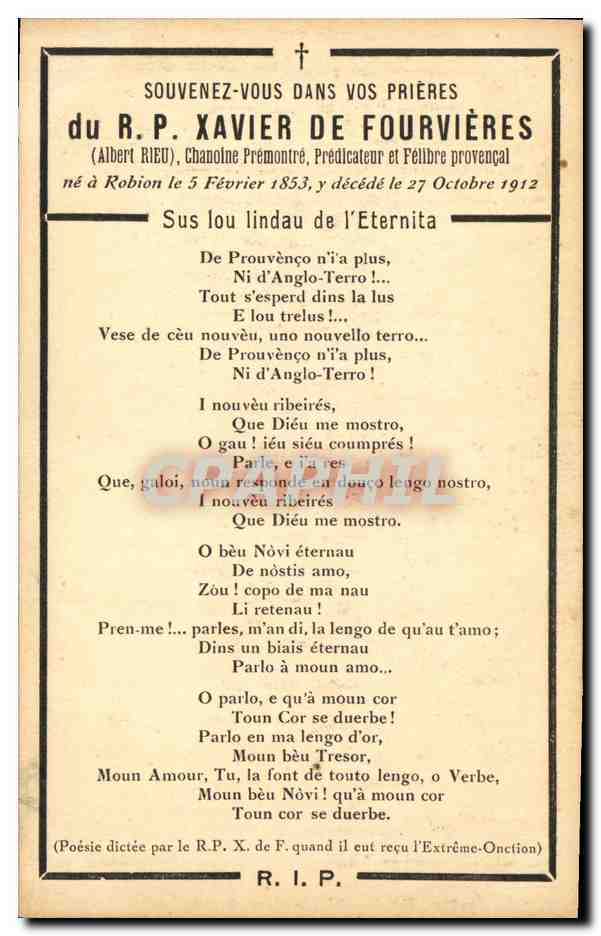 CPA RP Xavier de Fourvieres Chanoine ne a Robion  — Back