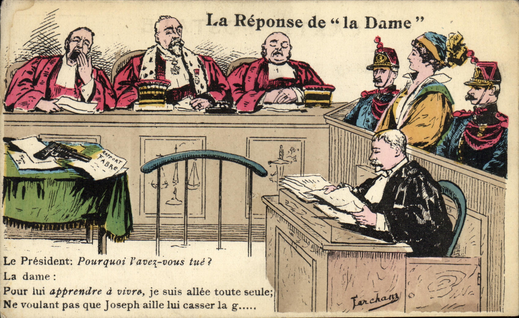 La Réponse de "la Dame" — caricature judiciaire — Tirage de l'éditeur Percham
