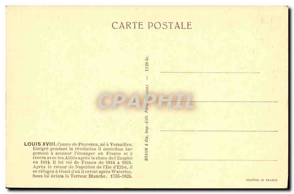 Buste de Louis XVIII (1755-1824) — statue en marbre — éditeur BRAUN & Cie, n° 1128 — Reverso