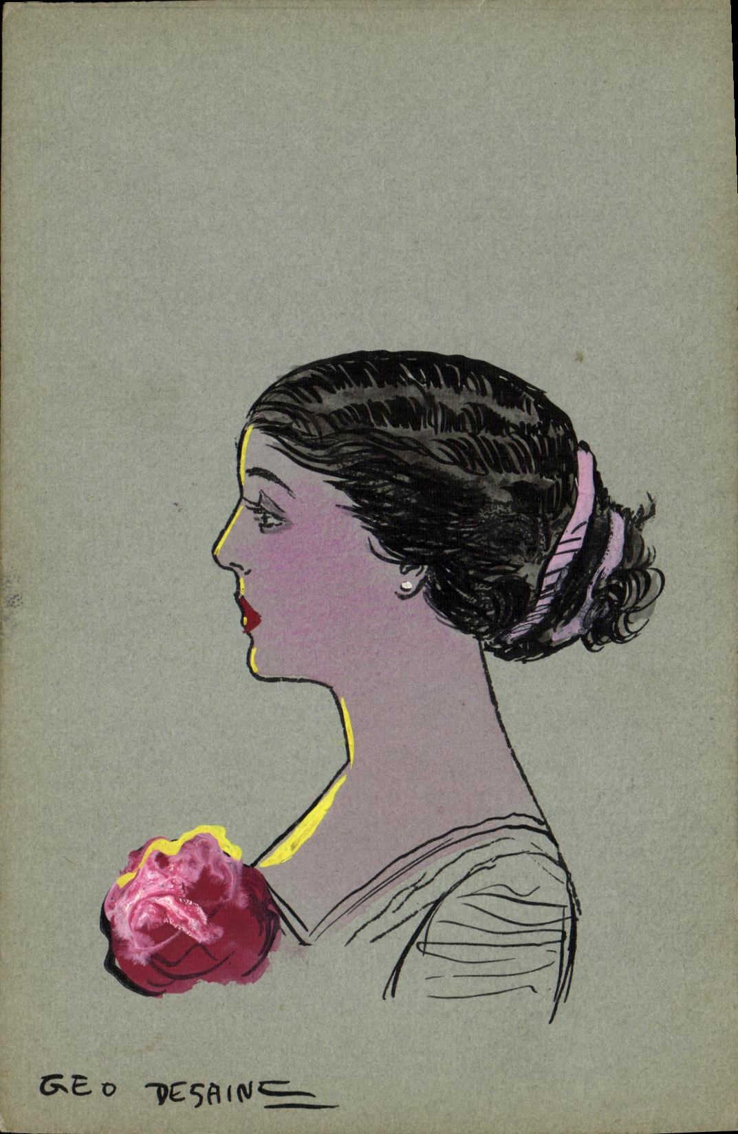 Femme au rose — illustration de Geo Desain — éditeur non visible