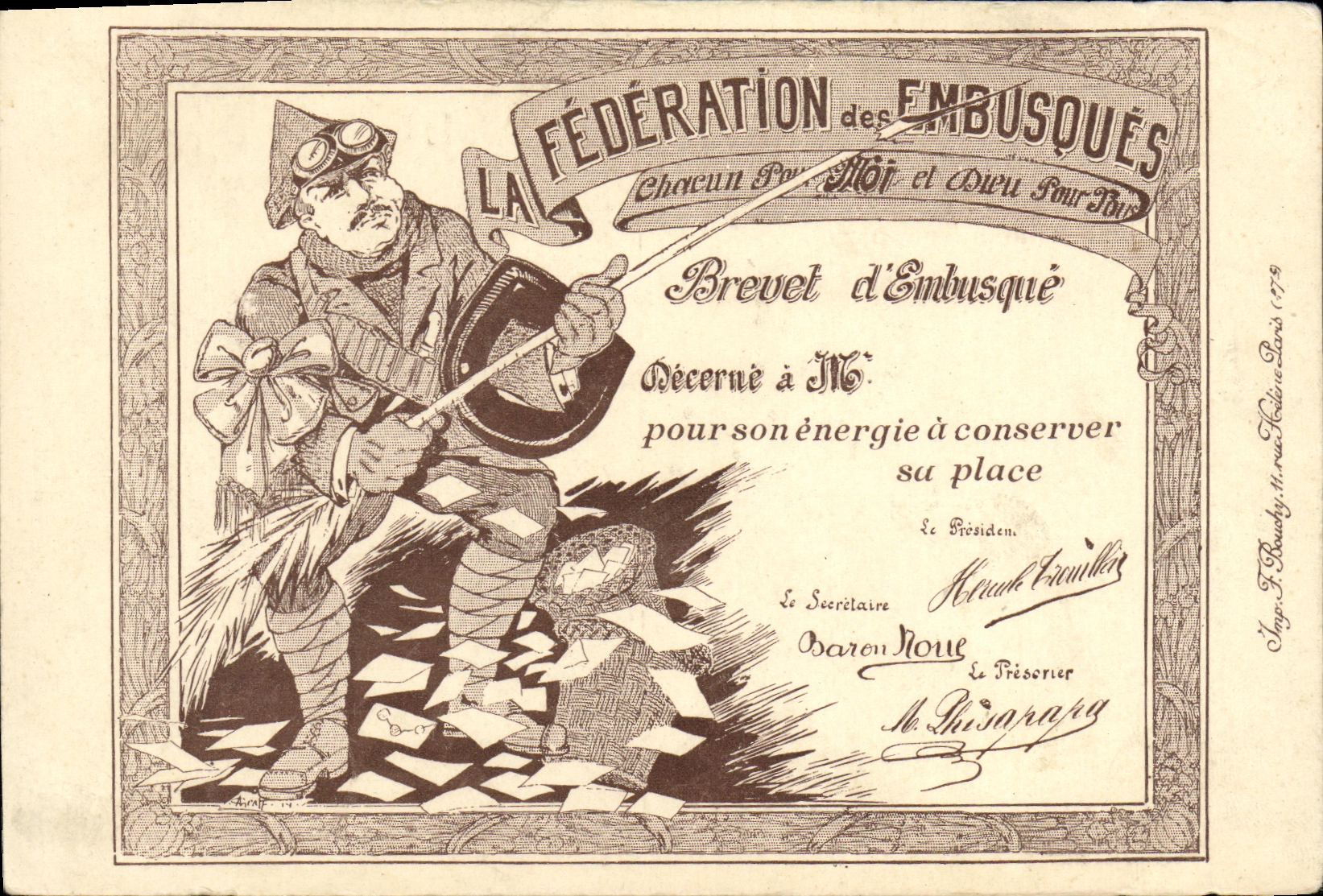 CPA Federation des embusques Brevet d embusque Militaria