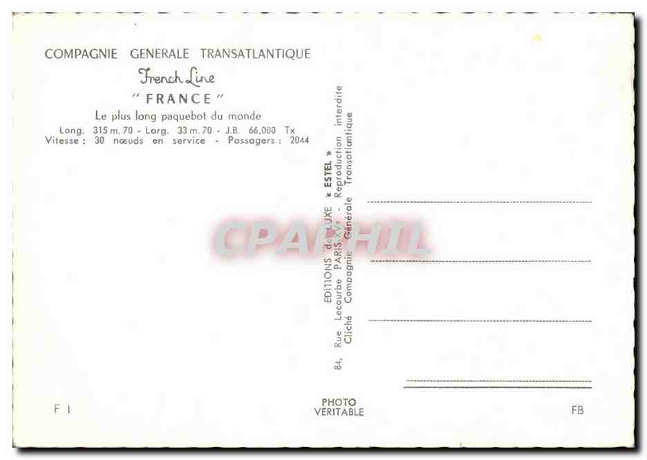 CPM Bateau Compagnie Generale Transatlantique French line France Paquebot — Back