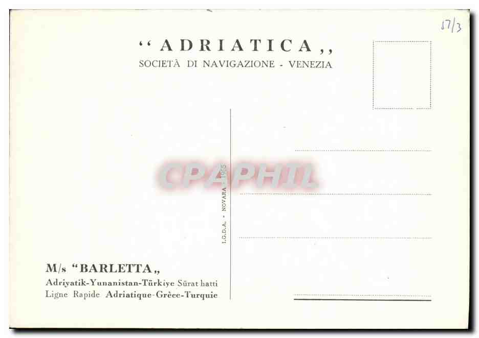 CPM Adriatica Societe de Navigation Paquebot Barletta Adriatique Grece turquie — Reverso