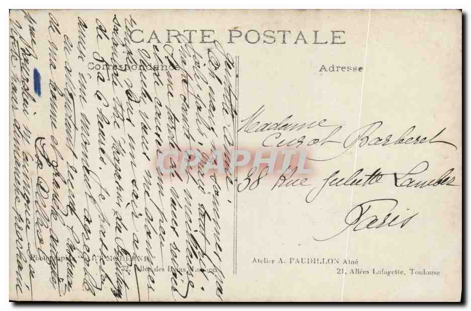 Coppia con cane — paesaggio montano — Atelier A. FAUDHILON, Toulouse — Verso